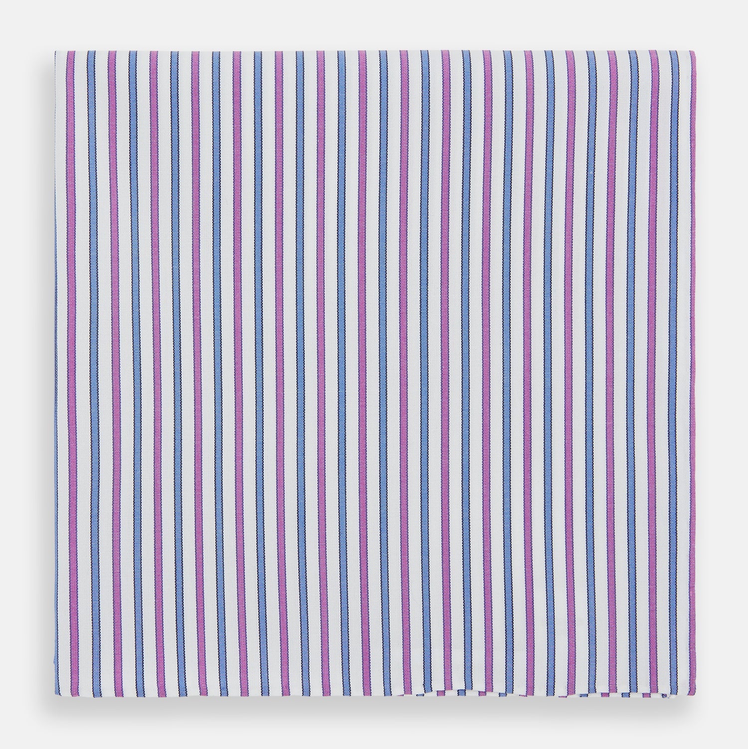 View 1 of product The Turnbull & Asser Hand Rolled Purple and Blue Track Stripe Handkerchief features alternating blue and purple stripes on white cotton—an elegant formal accessory displayed on a plain white background.