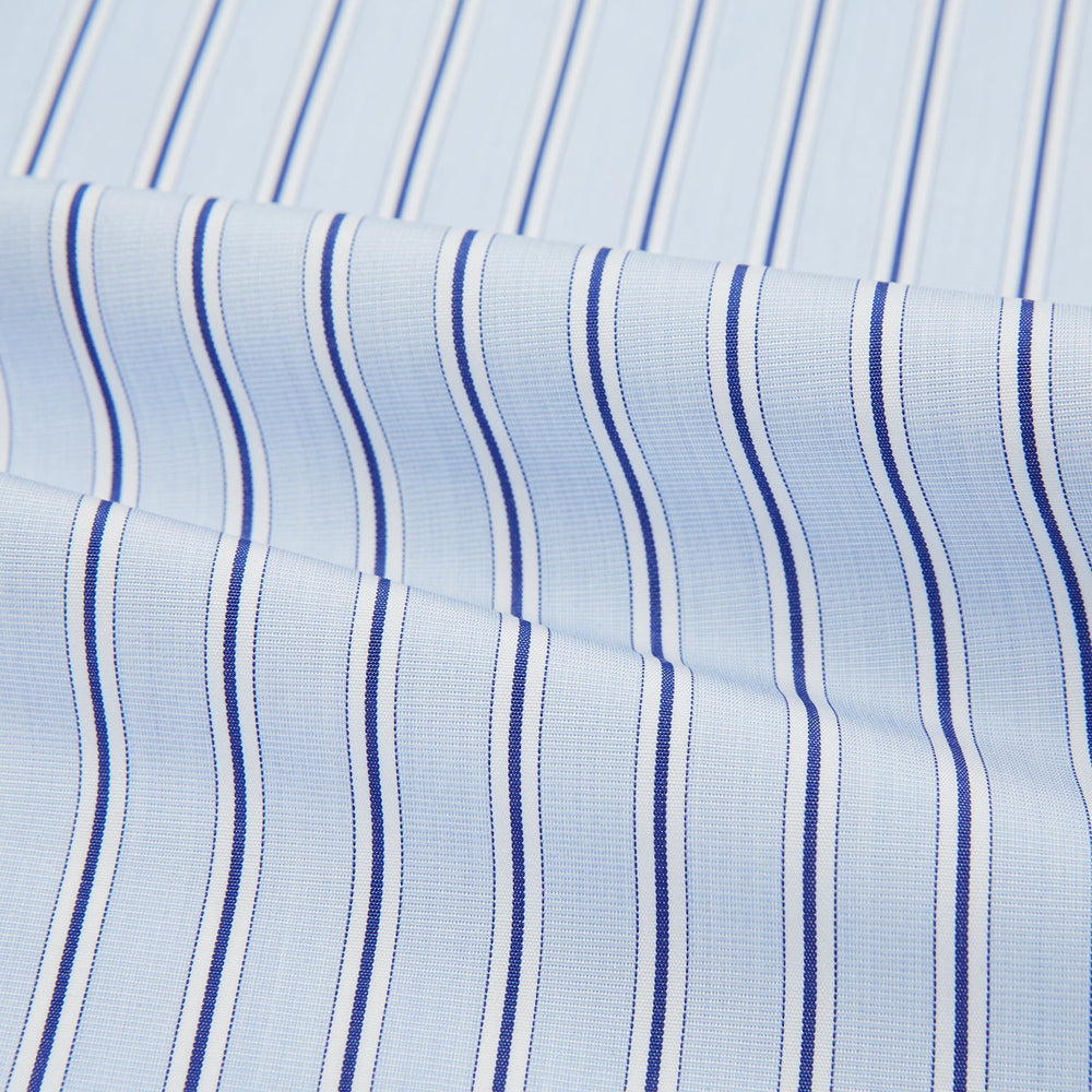 The Turnbull & Asser Hand Rolled Blue Multi Stripe Handkerchief features evenly spaced thin navy stripes—a stylish formal accessory for any occasion.