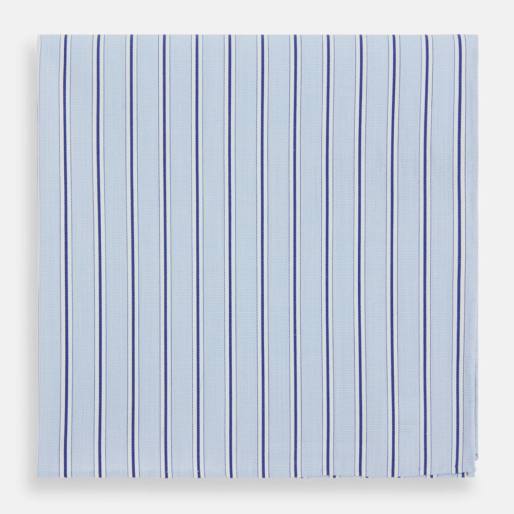 The Turnbull & Asser Hand Rolled Blue Multi Stripe Handkerchief features evenly spaced thin navy stripes—a stylish formal accessory for any occasion.