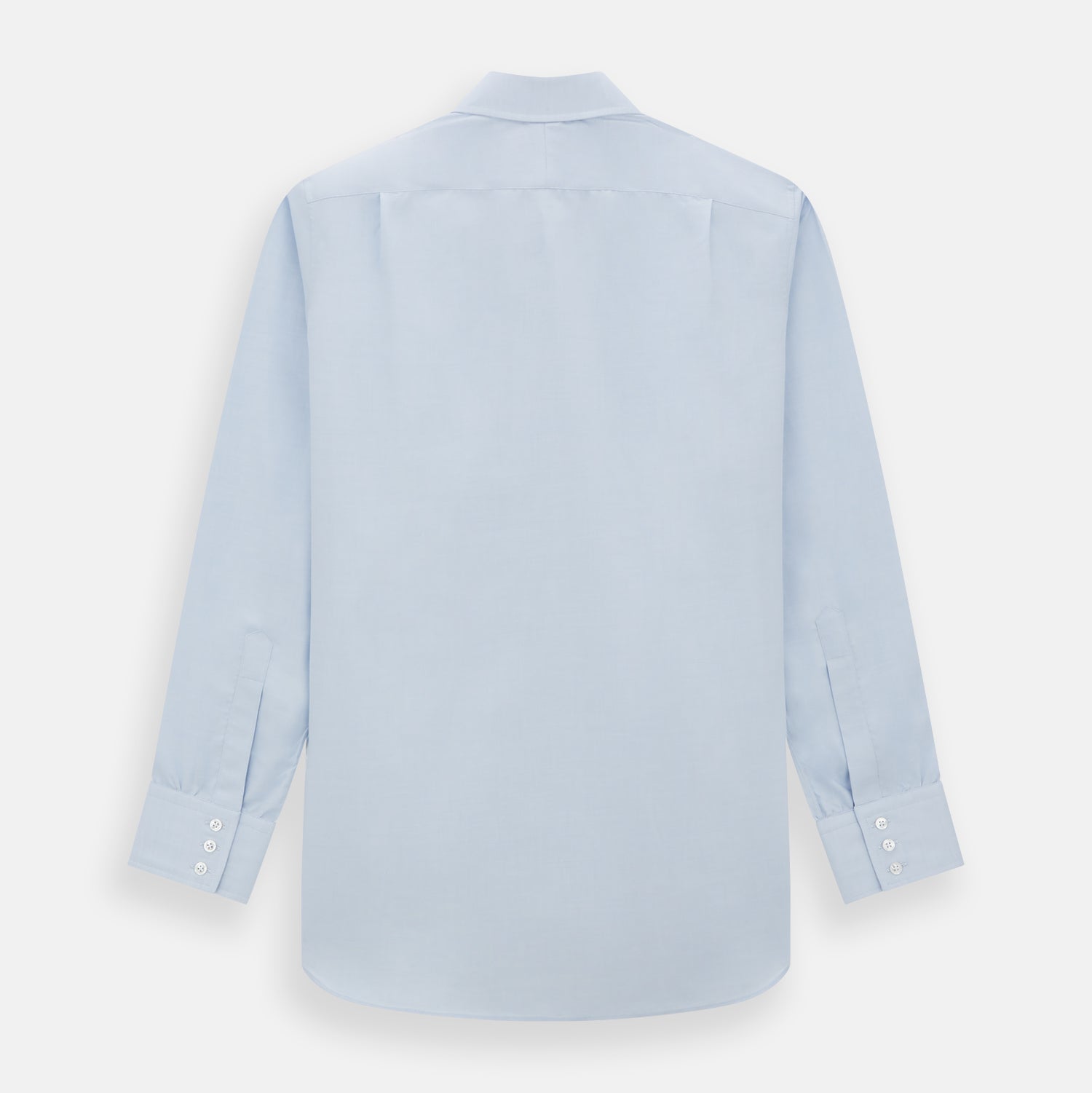 View 6 of product The Turnbull & Asser Blue Cashmerello Mayfair Shirt is a light blue cotton-cashmere blend with long sleeves, pointed collar, white buttons, and buttoned cuffs, shown on a plain white background.