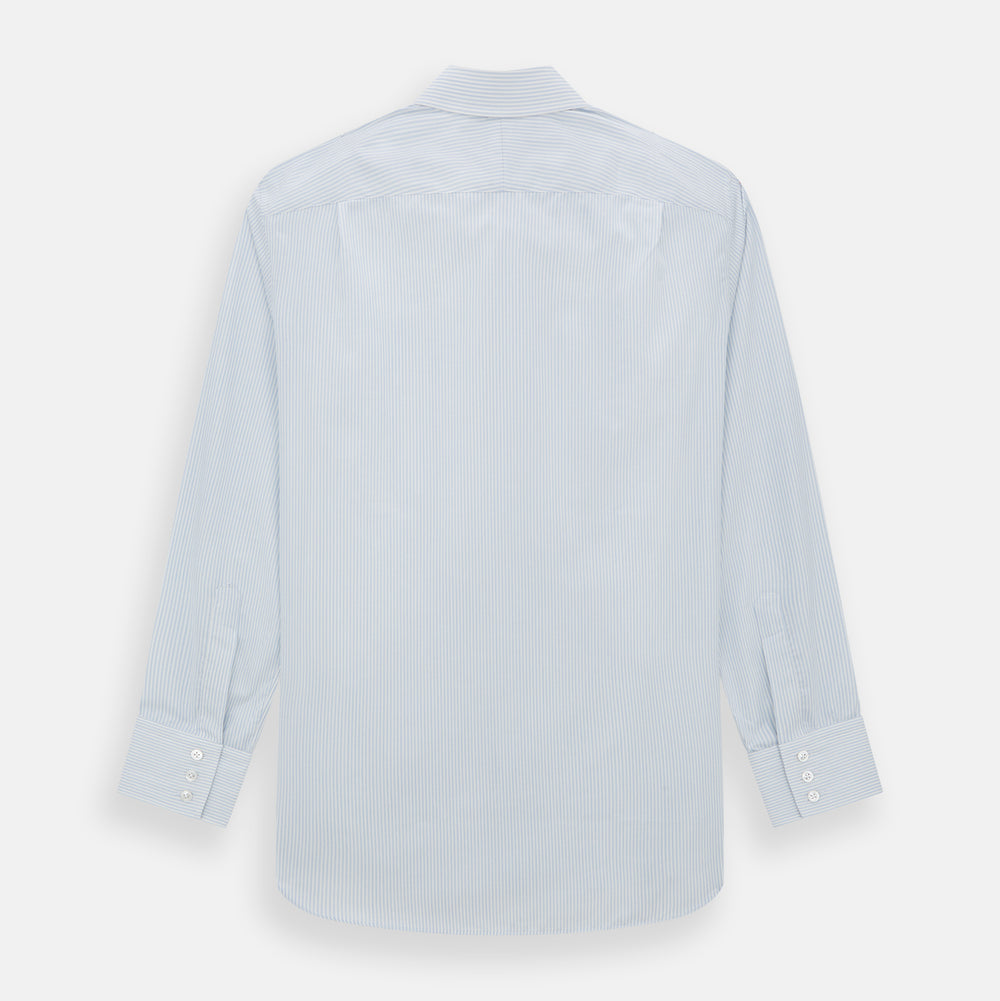 The Turnbull & Asser Blue and White Pencil Stripe Cashmerello Mayfair Shirt features a pointed collar, white buttons, buttoned cuffs, and long sleeves. Crafted from a cotton-cashmere blend, it’s displayed flat on a white background.
