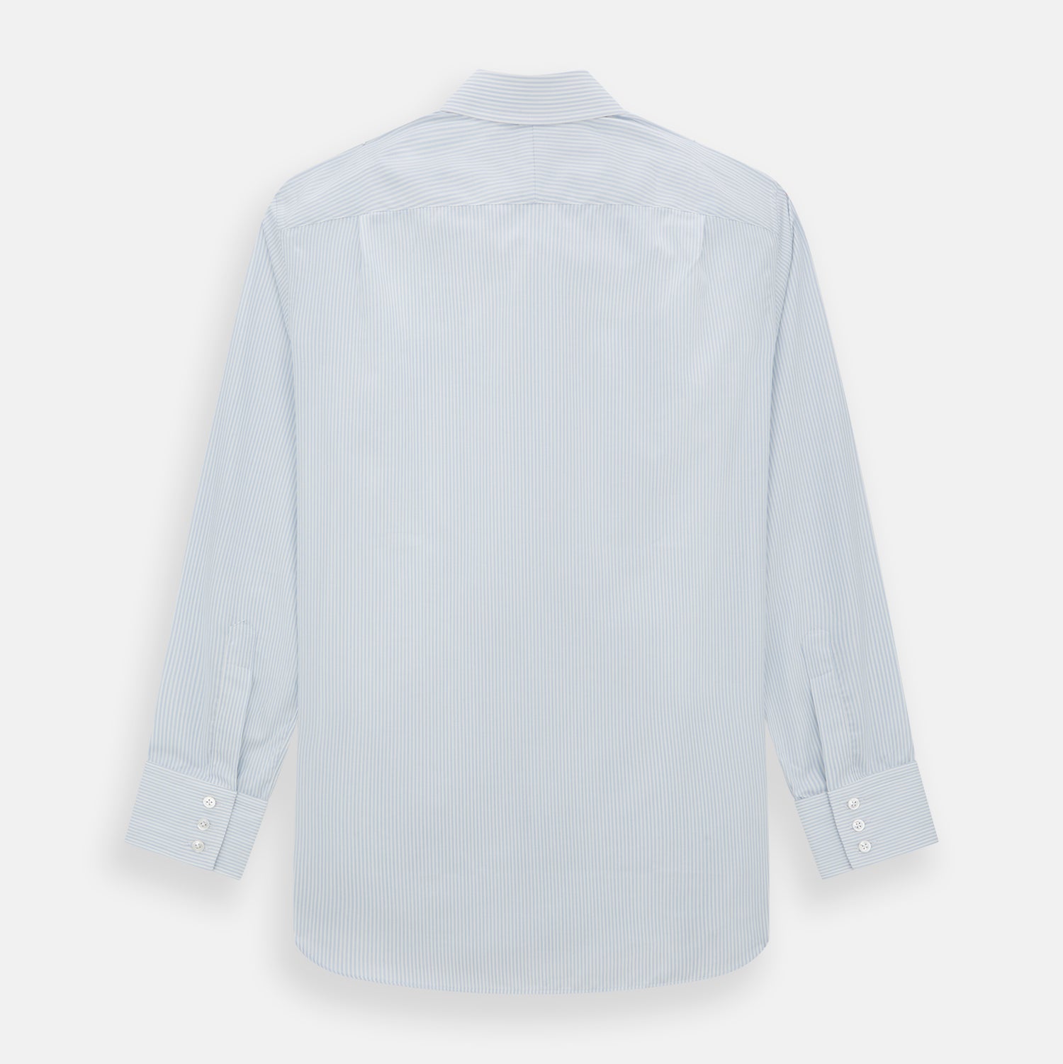 View 6 of product The Turnbull & Asser Blue and White Pencil Stripe Cashmerello Mayfair Shirt features a pointed collar, white buttons, buttoned cuffs, and long sleeves. Crafted from a cotton-cashmere blend, it’s displayed flat on a white background.