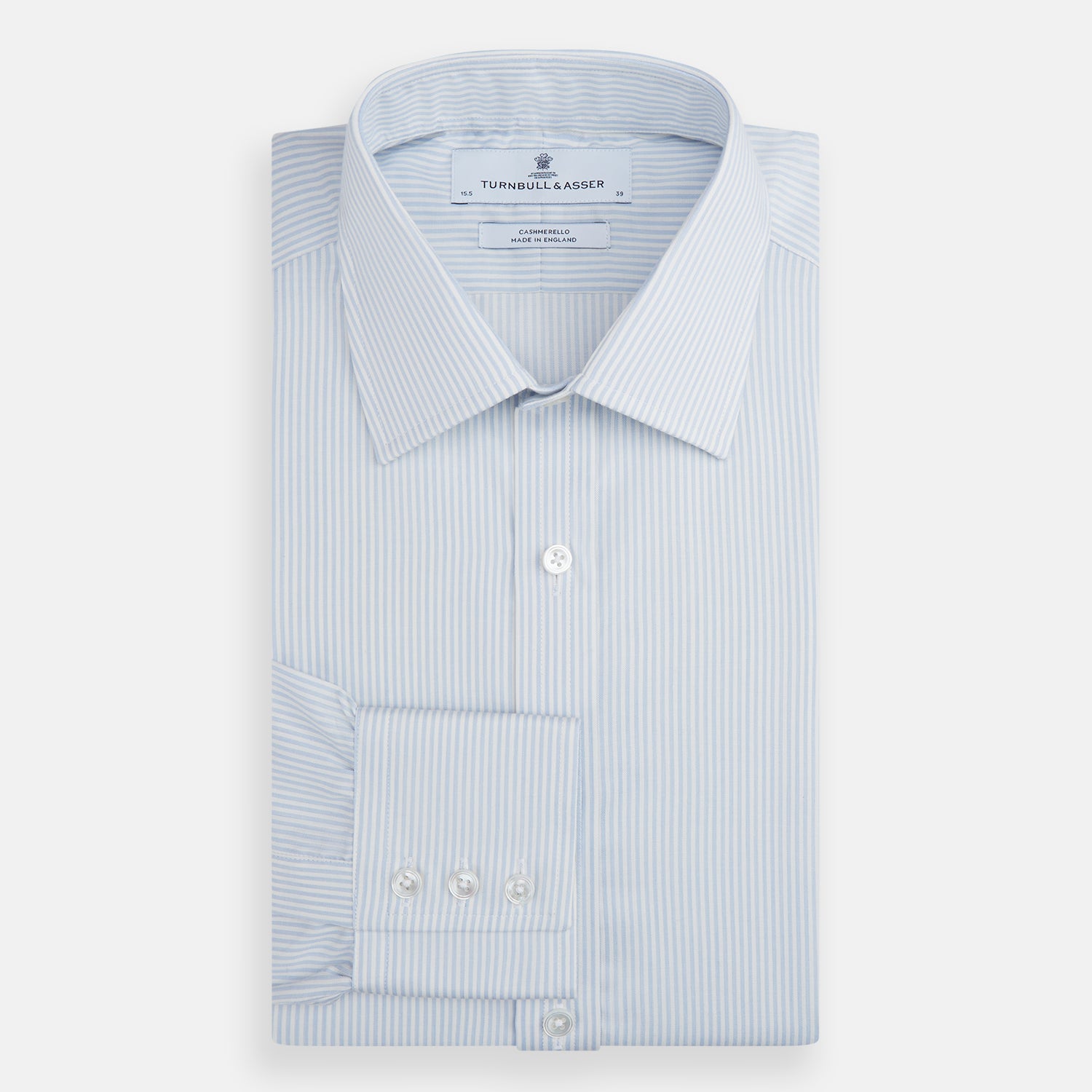 View 4 of product The Turnbull & Asser Blue and White Pencil Stripe Cashmerello Mayfair Shirt features a pointed collar, white buttons, buttoned cuffs, and long sleeves. Crafted from a cotton-cashmere blend, it’s displayed flat on a white background.