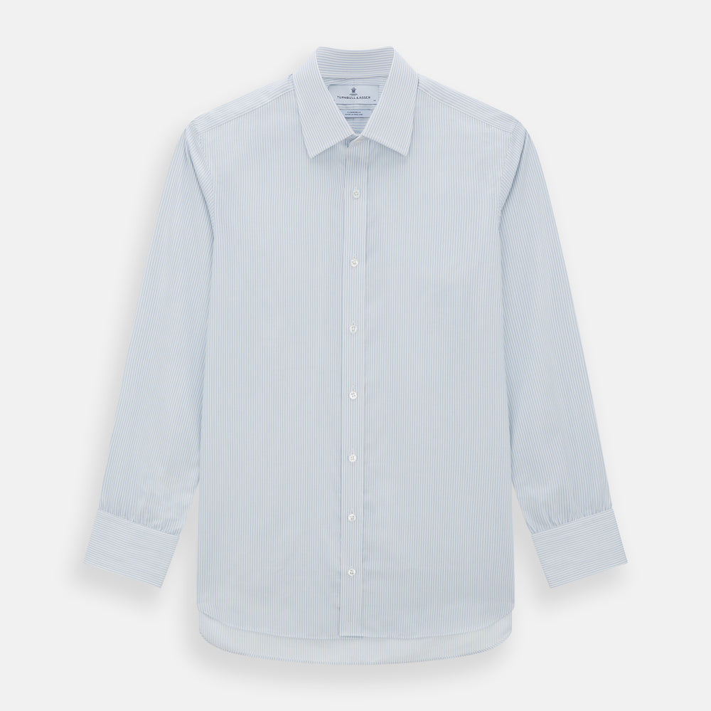 The Turnbull & Asser Blue and White Pencil Stripe Cashmerello Mayfair Shirt features a pointed collar, white buttons, buttoned cuffs, and long sleeves. Crafted from a cotton-cashmere blend, it’s displayed flat on a white background.
