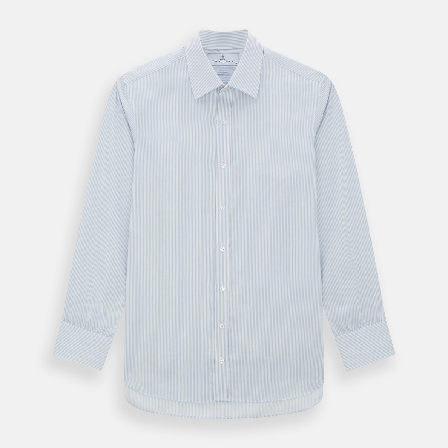 View 1 of product The Turnbull & Asser Blue and White Pencil Stripe Cashmerello Mayfair Shirt features a pointed collar, white buttons, buttoned cuffs, and long sleeves. Crafted from a cotton-cashmere blend, it’s displayed flat on a white background.