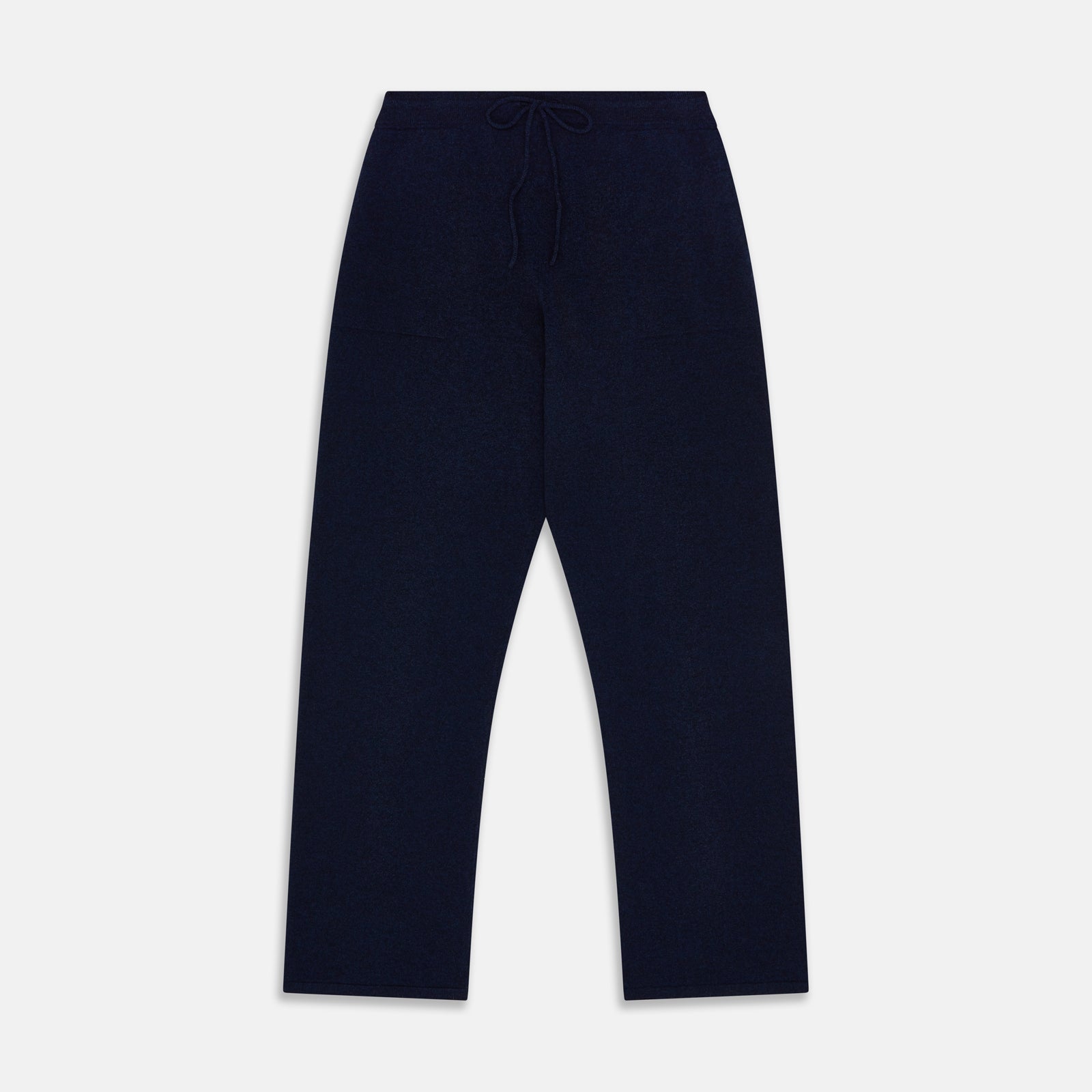View 5 of product The Turnbull & Asser Navy Cashmere Knitted Traditional Pyjama Set features a long-sleeve camp collar shirt with front pockets and matching drawstring pants, offering an elevated twist on classic loungewear.