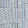 View 3 of product The Turnbull & Asser Green Graph Overlay Micro Check Piccadilly Shirt is a breathable cotton, long-sleeve button-up featuring a green micro check in light blue and white, two chest pockets with buttoned flaps, and white buttons.