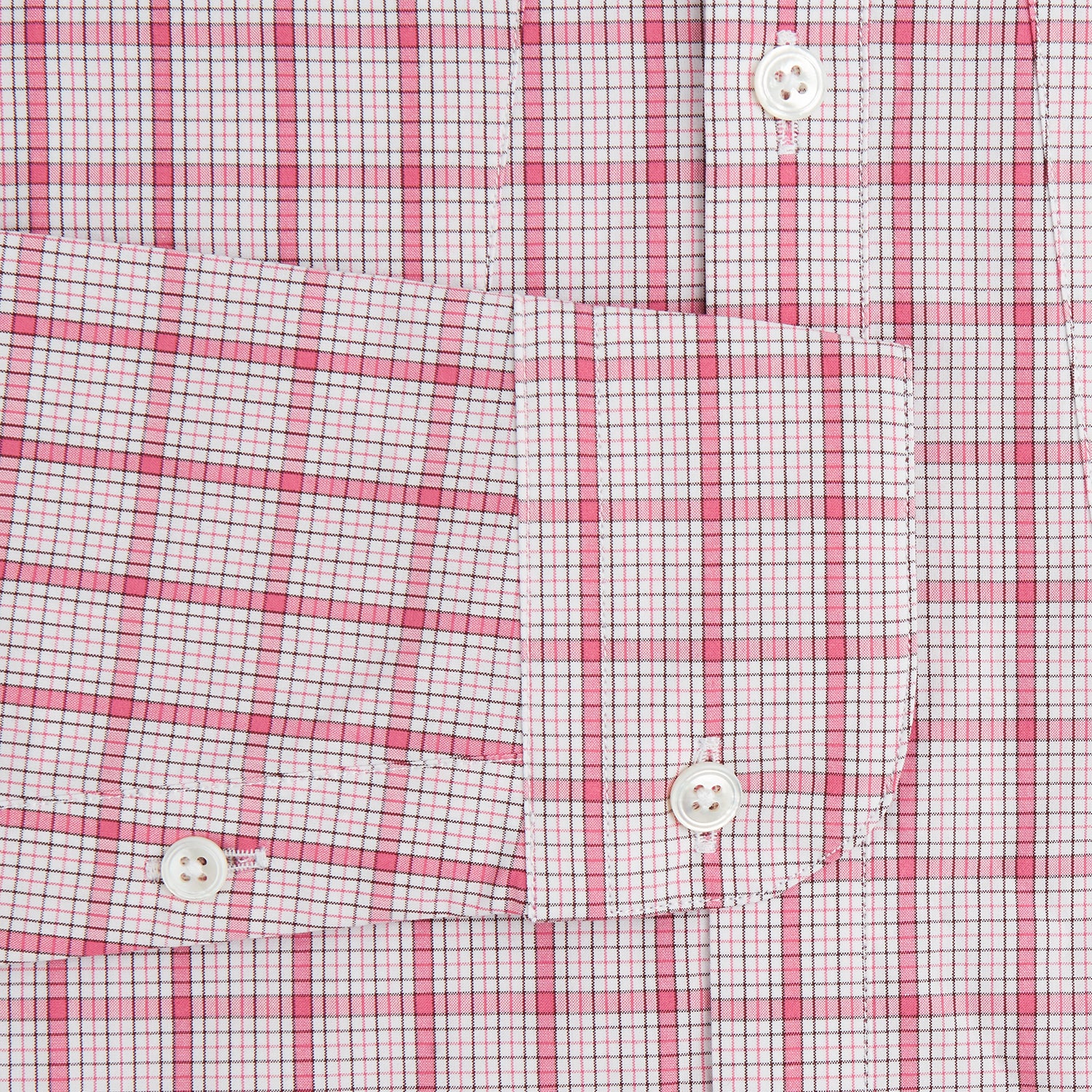 View 3 of product The Pink Graph Overlay Check Piccadilly Shirt by Turnbull & Asser features long sleeves, a button-up front, collar, and chest pockets—a stylish cotton option in a red and white check pattern for the holidays.