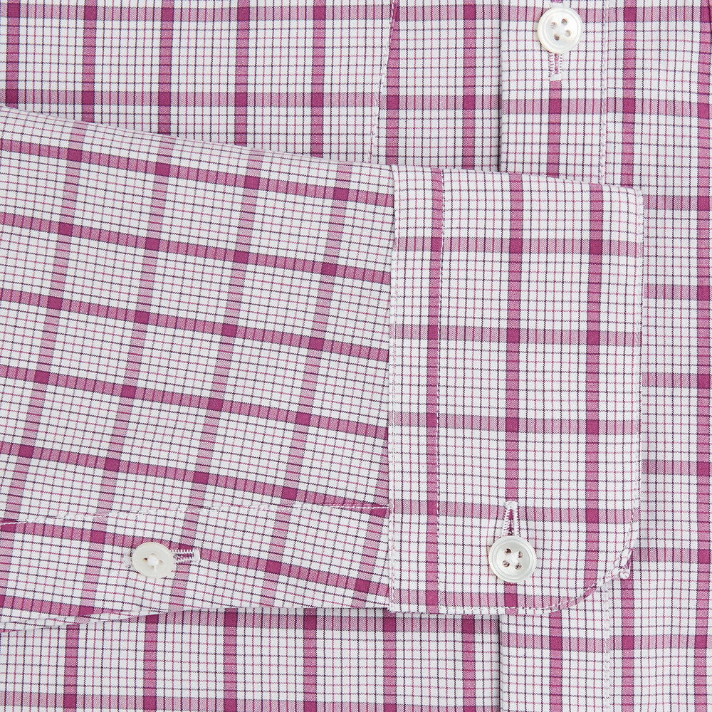 The Turnbull & Asser Purple Graph Overlay Check Piccadilly Shirt, a long-sleeve cotton button-up with two buttoned chest pockets, is neatly laid flat on a plain white background.