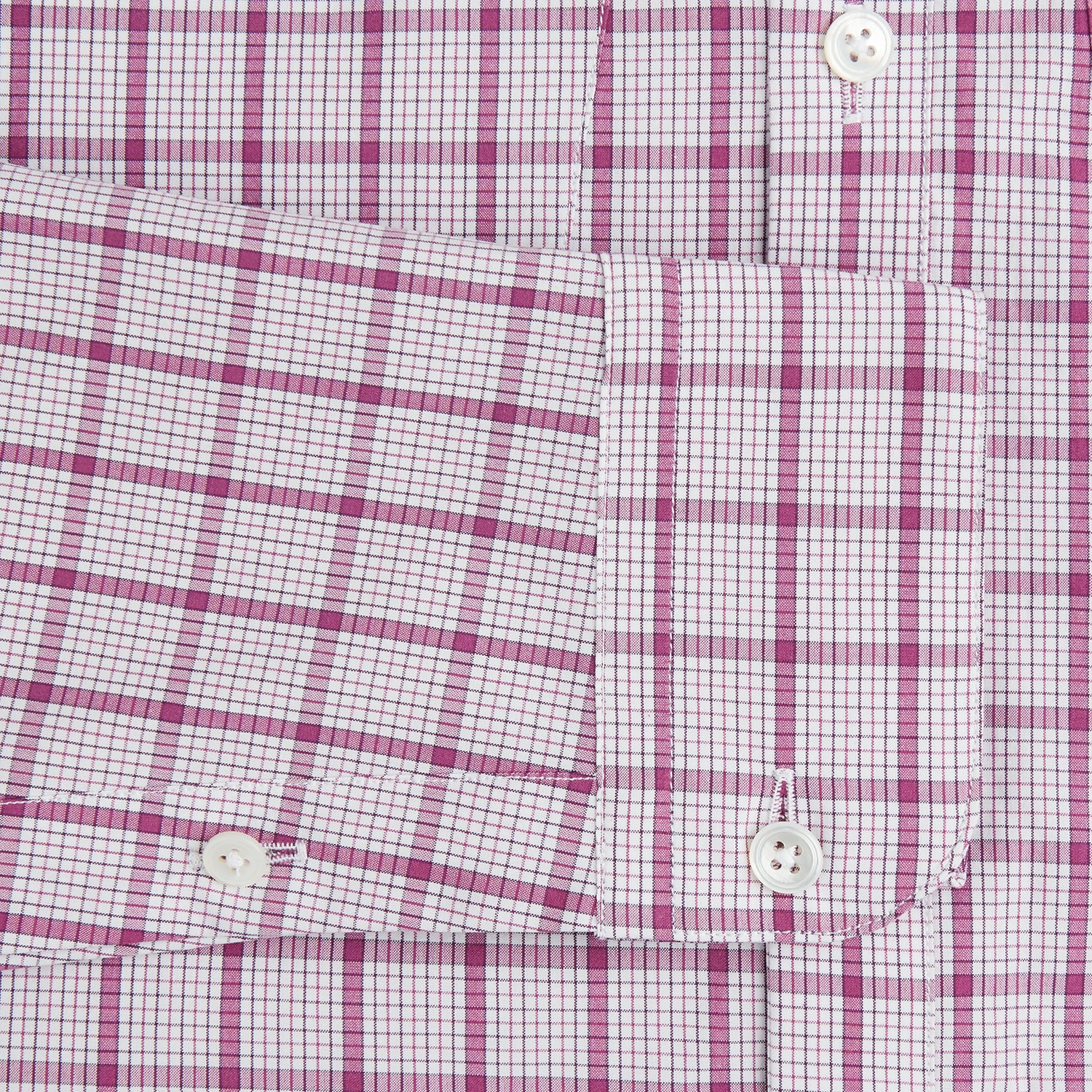 View 3 of product The Turnbull & Asser Purple Graph Overlay Check Piccadilly Shirt, a long-sleeve cotton button-up with two buttoned chest pockets, is neatly laid flat on a plain white background.