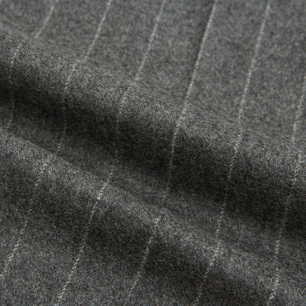 The Turnbull & Asser Grey Pinstripe Henry Trousers feature a tailored fit, white vertical stripes, button closure, and belt loops, displayed on a plain white background.