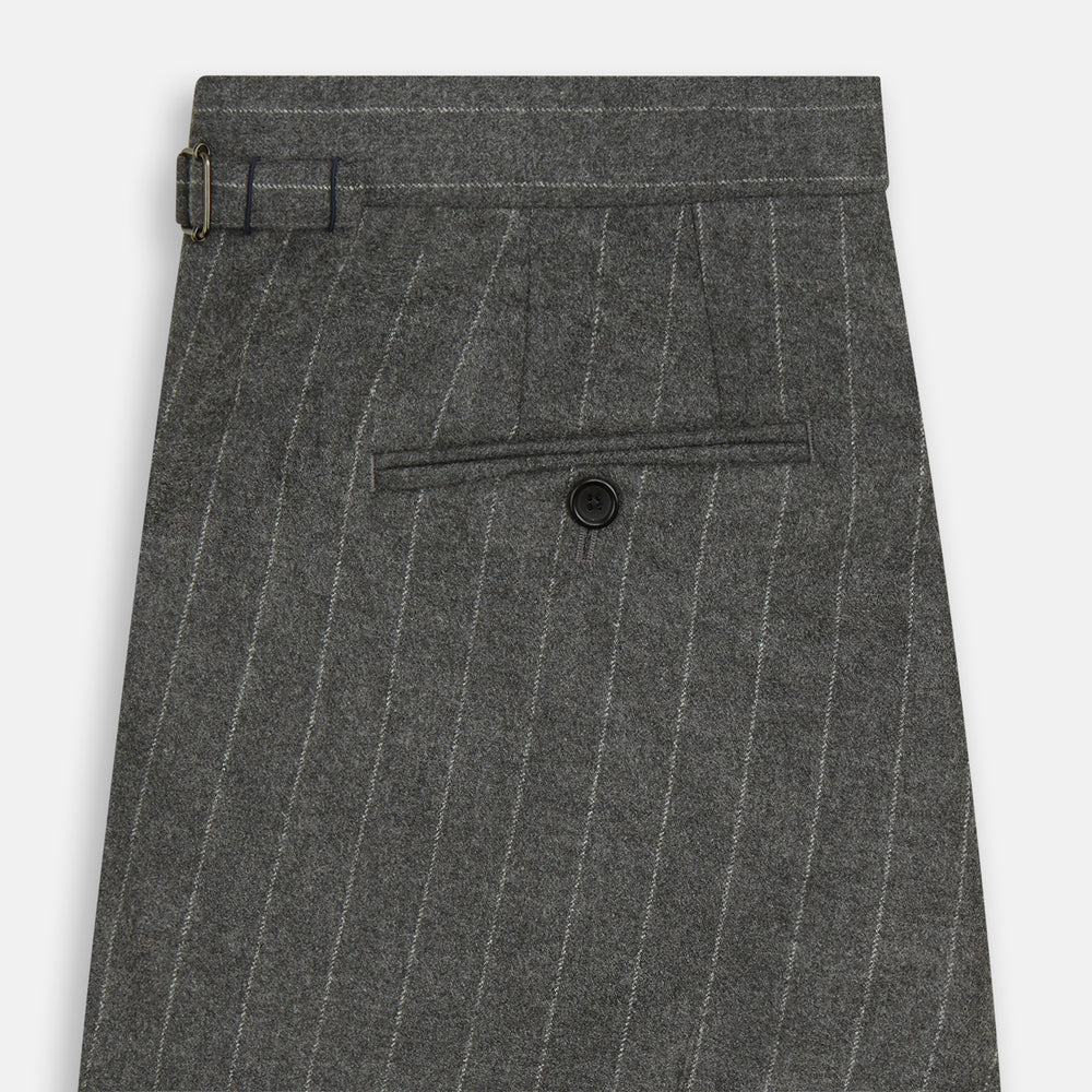 The Turnbull & Asser Grey Pinstripe Henry Trousers feature a tailored fit, white vertical stripes, button closure, and belt loops, displayed on a plain white background.