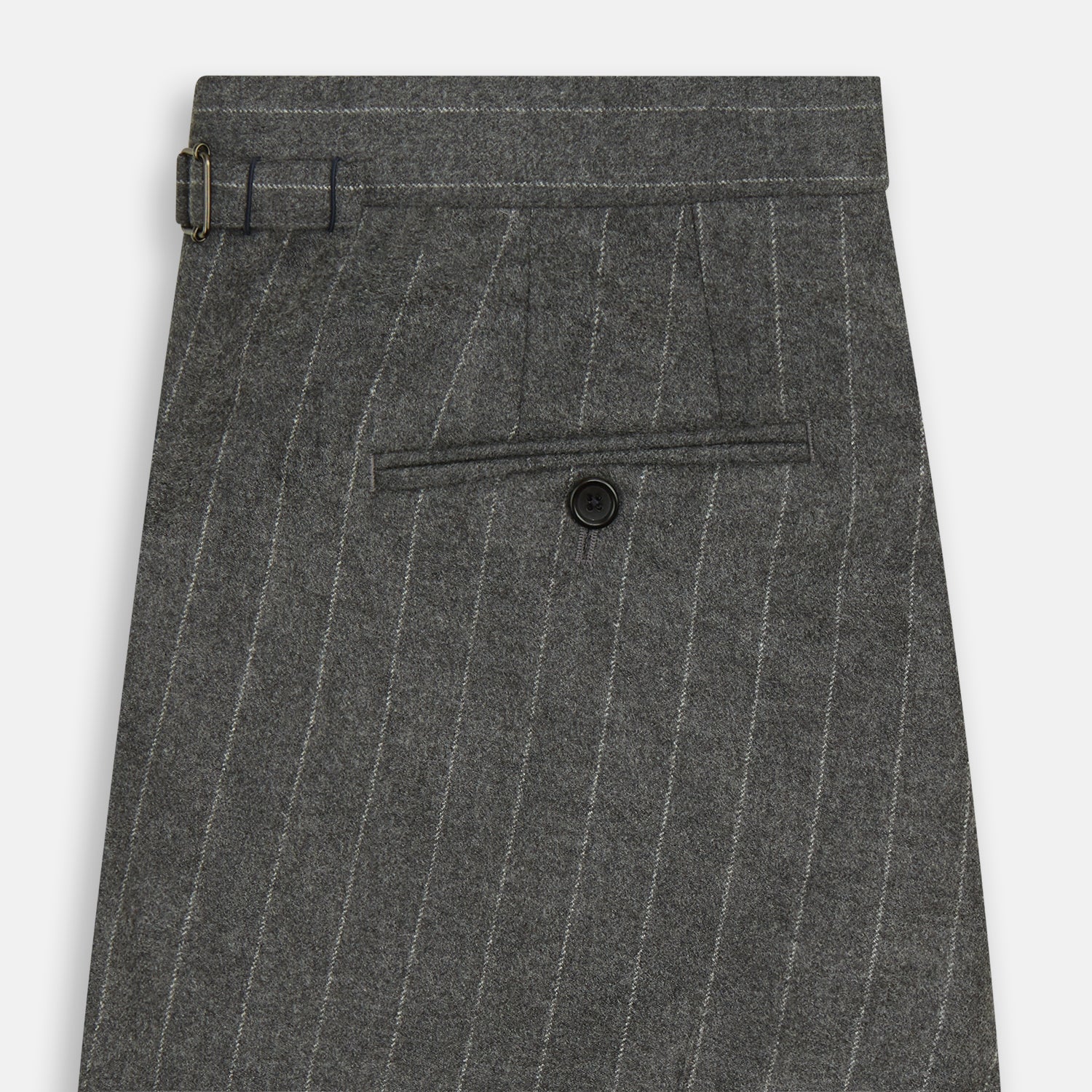 View 4 of product The Turnbull & Asser Grey Pinstripe Henry Trousers feature a tailored fit, white vertical stripes, button closure, and belt loops, displayed on a plain white background.