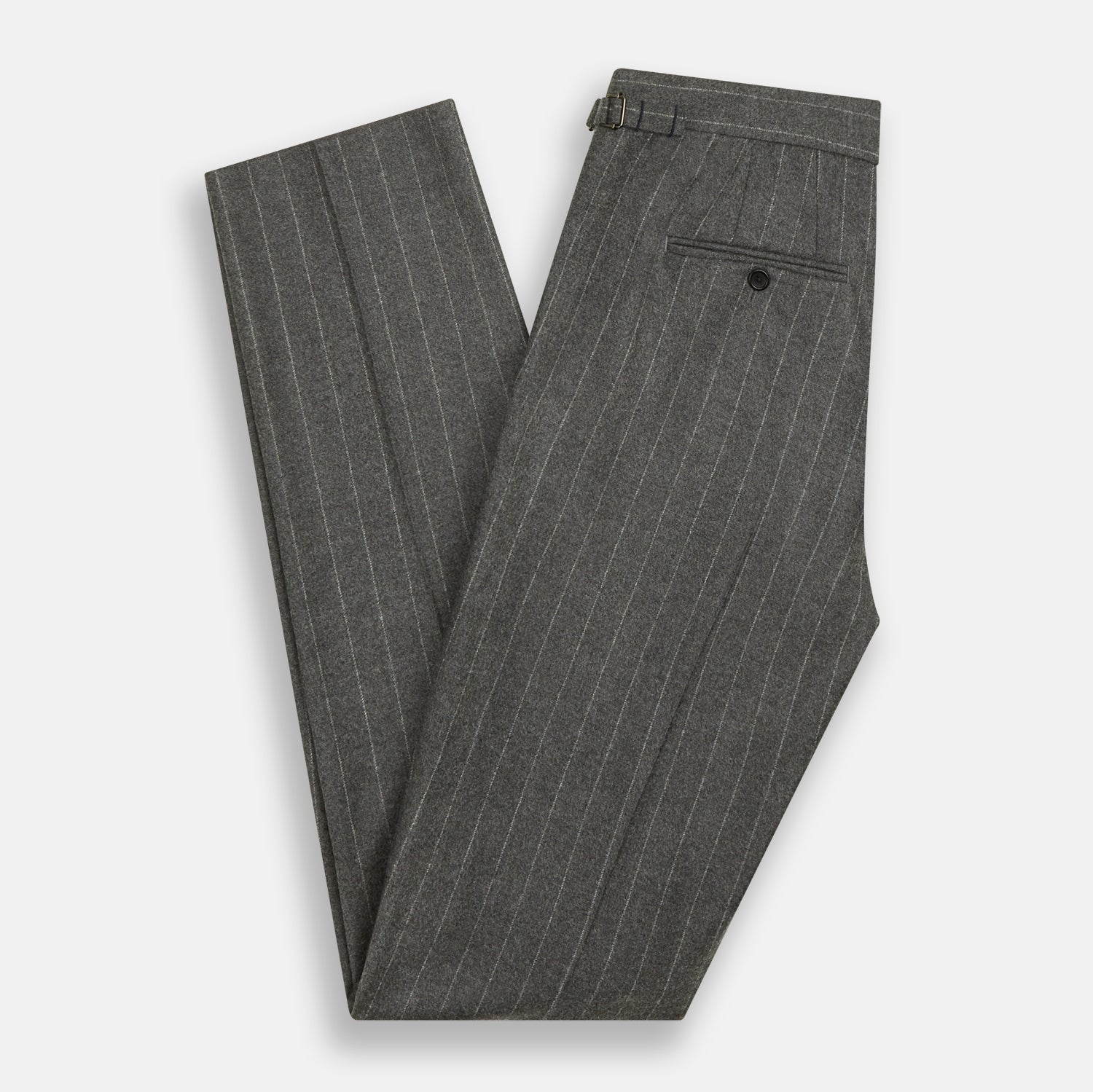 View 5 of product The Turnbull & Asser Grey Pinstripe Henry Trousers feature a tailored fit, white vertical stripes, button closure, and belt loops, displayed on a plain white background.