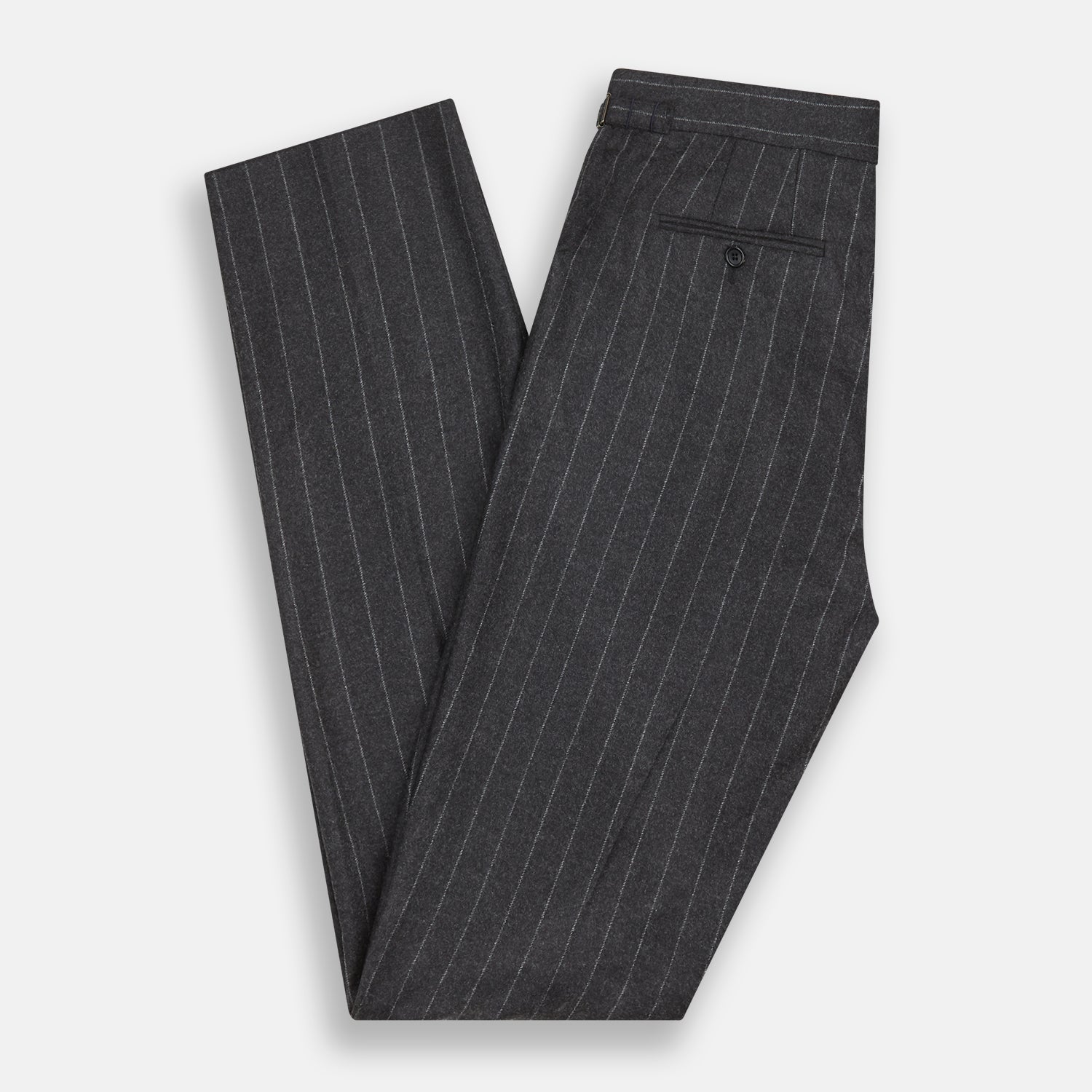 View 5 of product The Charcoal Pinstripe Henry Trousers by Turnbull & Asser feature white vertical stripes, a button and zip closure, belt loops, and side pockets, shown against a plain white background.