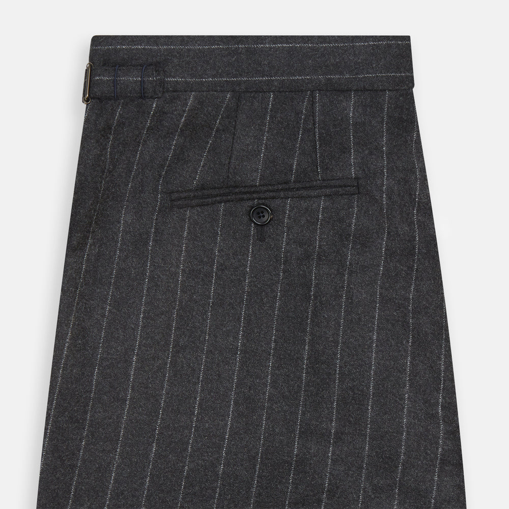 The Charcoal Pinstripe Henry Trousers by Turnbull & Asser feature white vertical stripes, a button and zip closure, belt loops, and side pockets, shown against a plain white background.