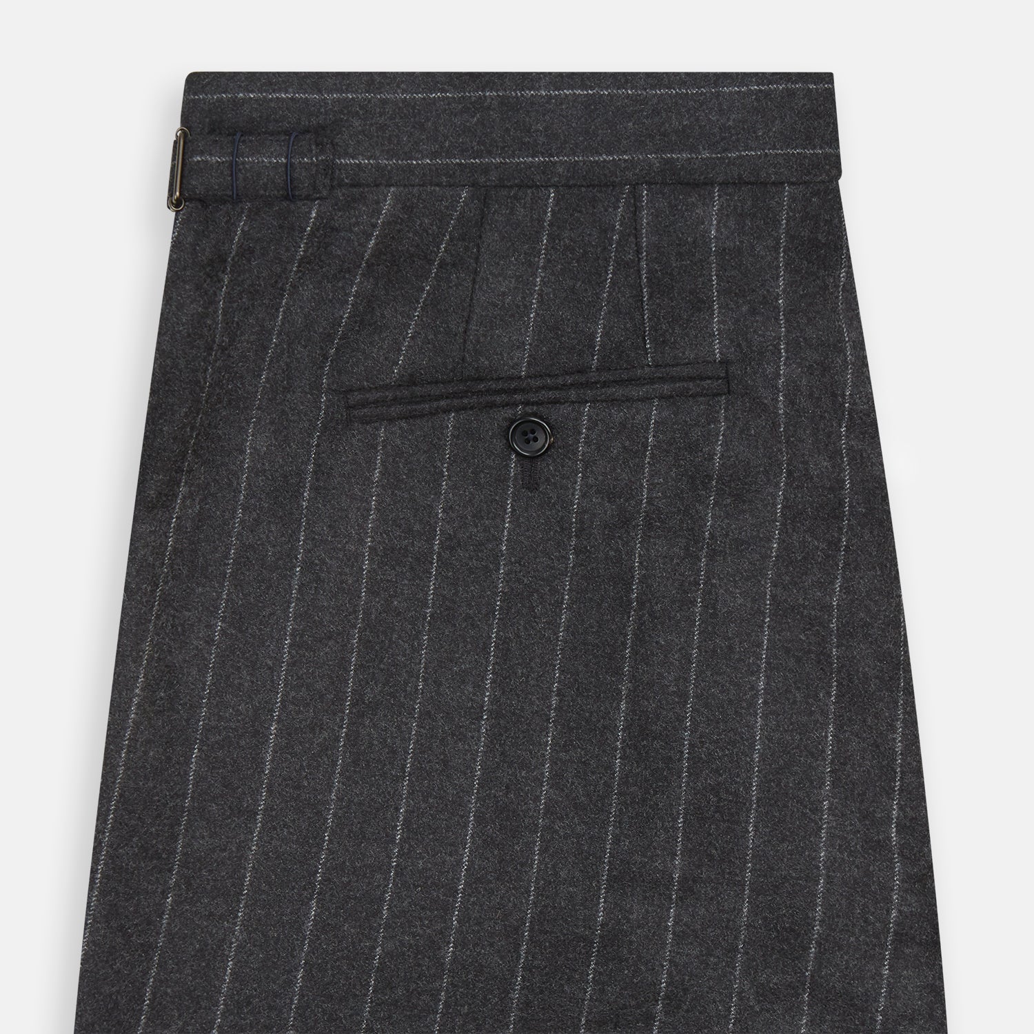View 4 of product The Charcoal Pinstripe Henry Trousers by Turnbull & Asser feature white vertical stripes, a button and zip closure, belt loops, and side pockets, shown against a plain white background.