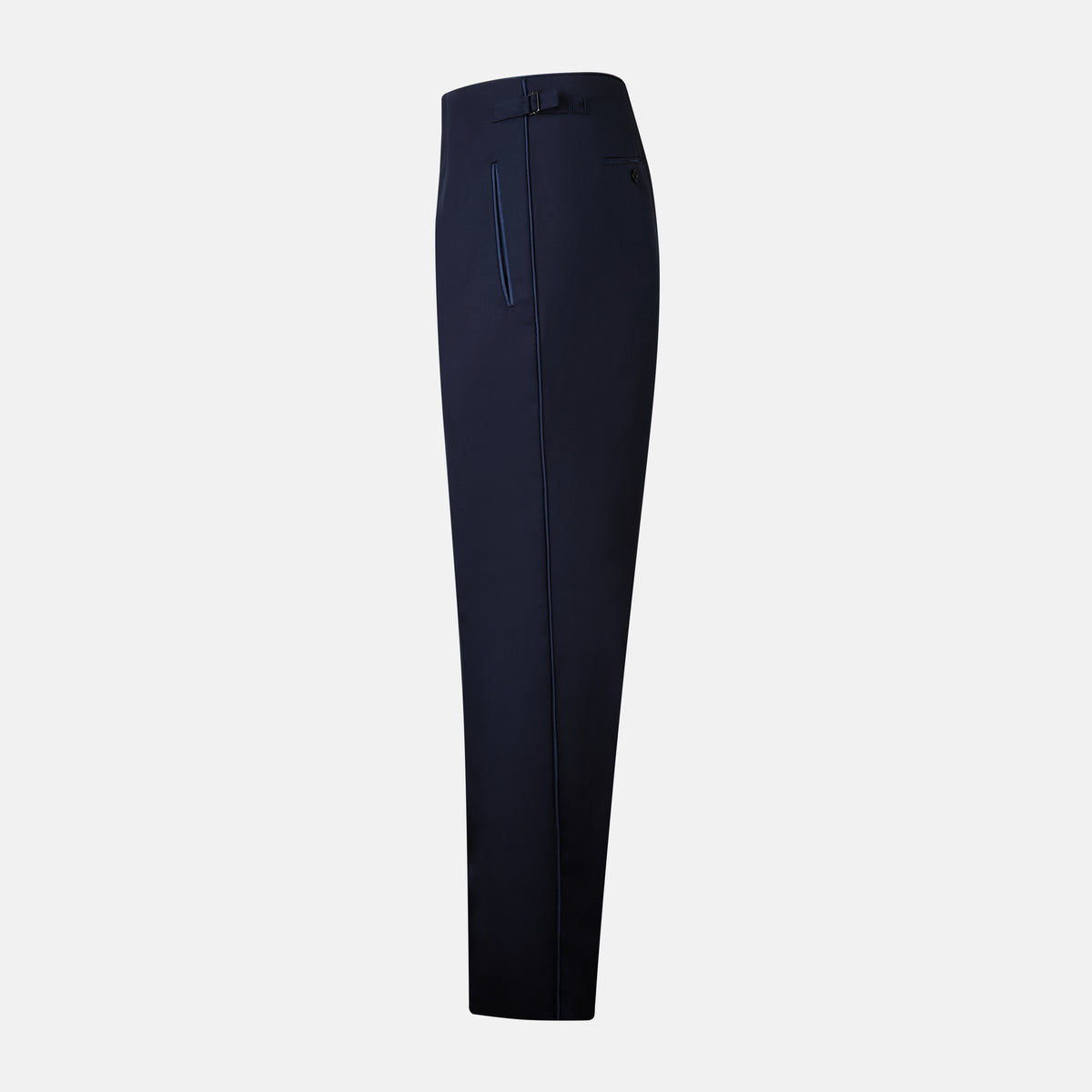 View 4 of product The Casino Royale Midnight Blue Tuxedo Trousers in Wool by Turnbull & Asser UK are shown from the back, expertly crafted from virgin wool in a signature tuxedo style, featuring two buttoned back pockets and adjustable side tabs at the waistband.