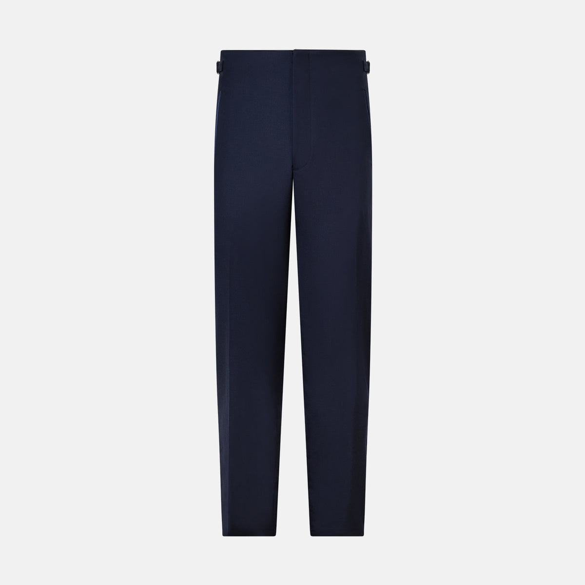 View 1 of product The Casino Royale Midnight Blue Tuxedo Trousers in Wool by Turnbull & Asser UK are shown from the back, expertly crafted from virgin wool in a signature tuxedo style, featuring two buttoned back pockets and adjustable side tabs at the waistband.