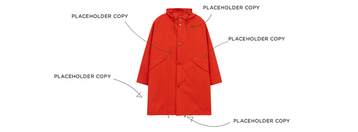 A bright orange raincoat with a hood is displayed on a white background. Arrows point to various parts of the coat, each labeled with the text PLACEHOLDER COPY.