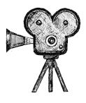 A hand-drawn sketch of an old-fashioned film camera on a tripod, with a large lens and two reels on top, facing left.