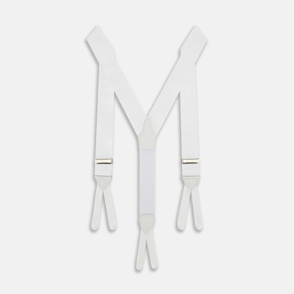 Turnbull & Asser White Adjustable Formal Braces in white moire with adjustable silver metal hardware and light-colored leather ends.