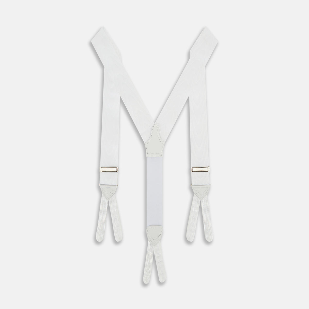 View 1 of product Turnbull & Asser White Adjustable Formal Braces in white moire with adjustable silver metal hardware and light-colored leather ends.
