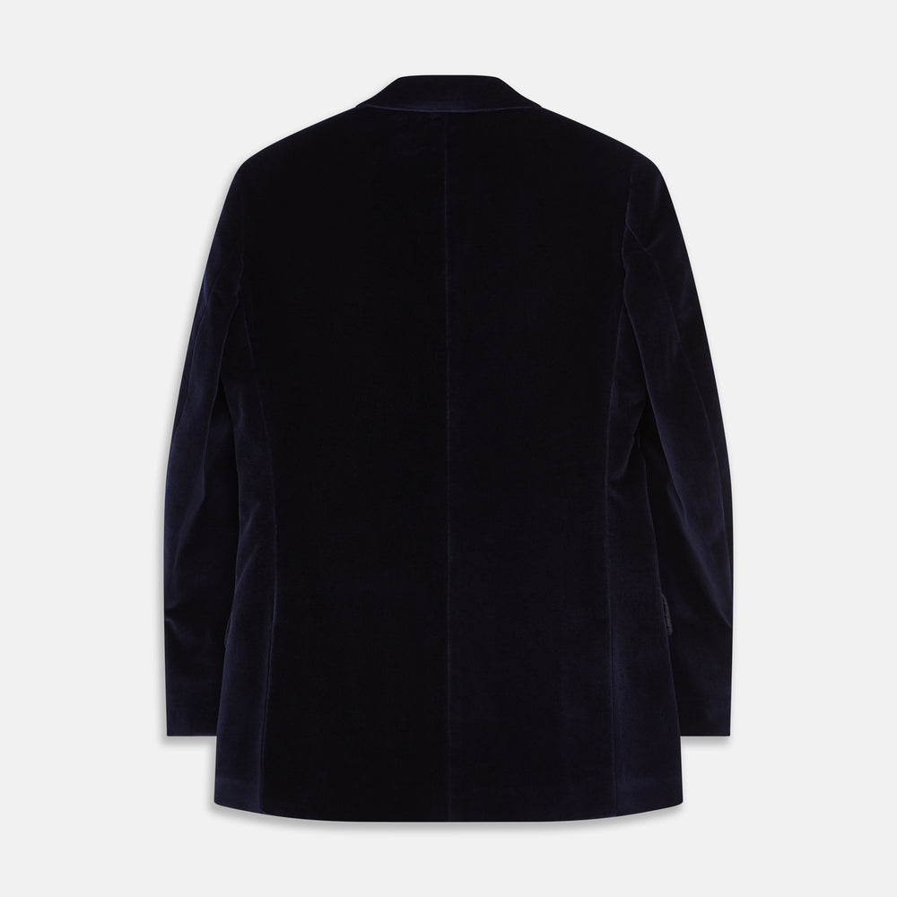 The Turnbull & Asser Navy Velvet Jacket features a classic fit, single-breasted style, notched lapels, two flap pockets, chest pocket, and single button closure. Made in Italy; shown on a plain white background.