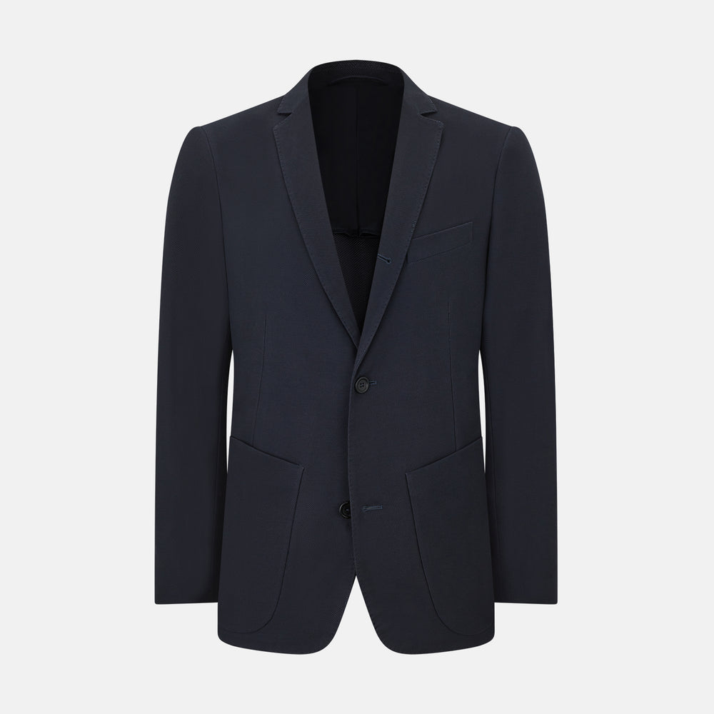 The Charcoal Knitted London Blazer by Turnbull & Asser is a men's single-breasted formal jacket with two buttons, notched lapels, and two front patch pockets, shown against a plain white background.