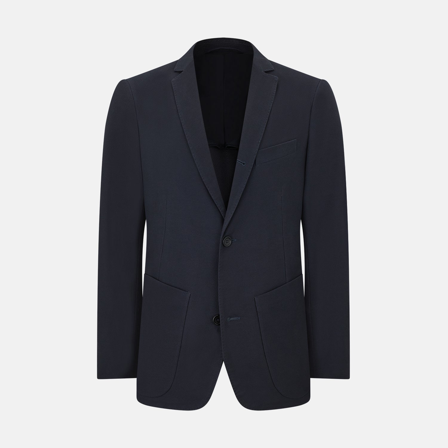 View 1 of product The Charcoal Knitted London Blazer by Turnbull & Asser is a men's single-breasted formal jacket with two buttons, notched lapels, and two front patch pockets, shown against a plain white background.