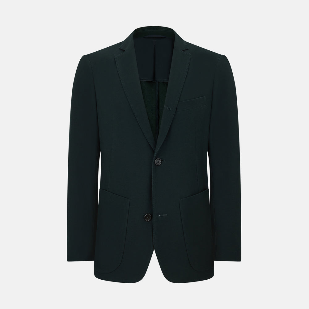 The Turnbull & Asser Forest Green Knitted London Blazer showcases notch lapels, two buttons, patch and chest pockets on a white background—a modern classic for timeless style.