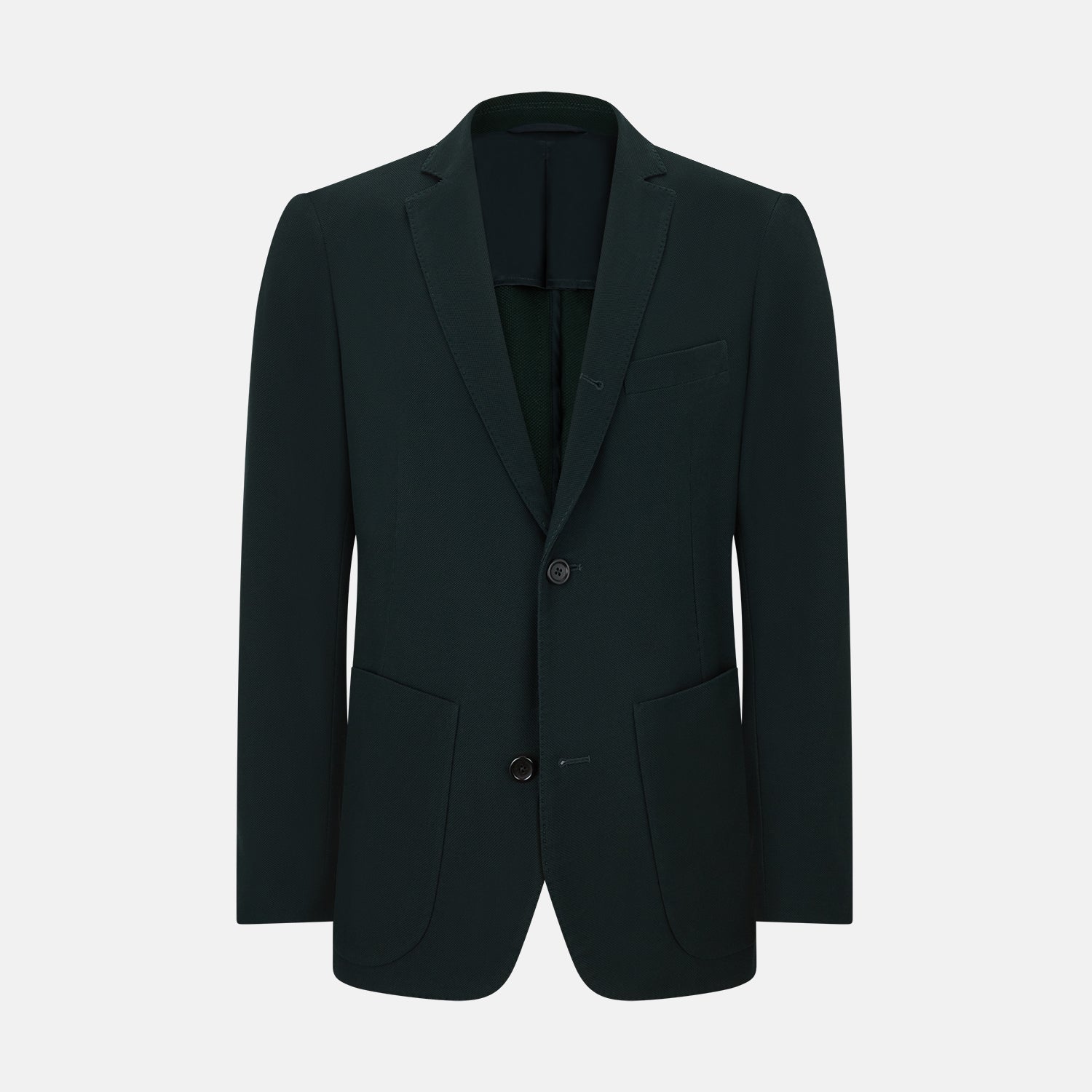 View 1 of product The Turnbull & Asser Forest Green Knitted London Blazer showcases notch lapels, two buttons, patch and chest pockets on a white background—a modern classic for timeless style.