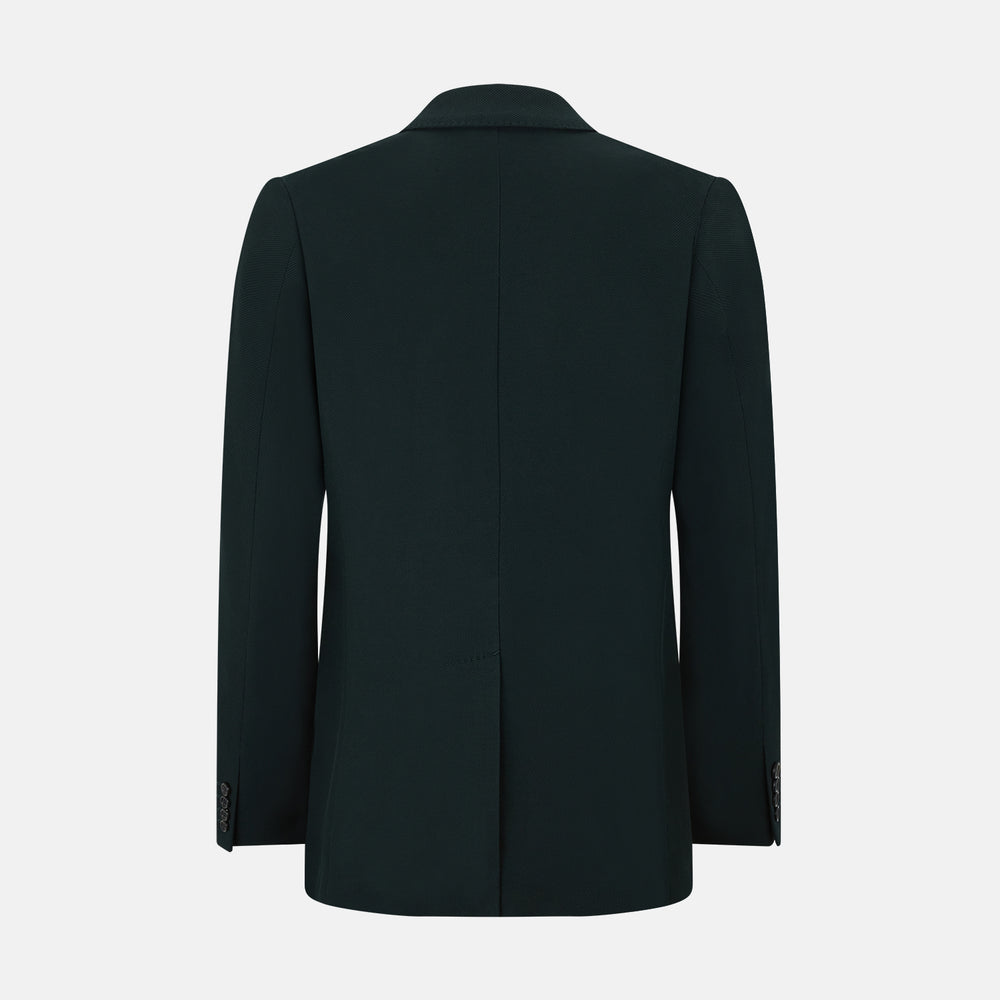 The Turnbull & Asser Forest Green Knitted London Blazer showcases notch lapels, two buttons, patch and chest pockets on a white background—a modern classic for timeless style.