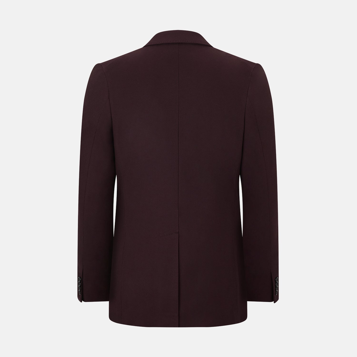 View 3 of product The Turnbull & Asser Burgundy Knitted London Blazer features notch lapels, two front buttons, flap pockets, and a welt chest pocket—ideal for spring and summer—shown against a plain white background.