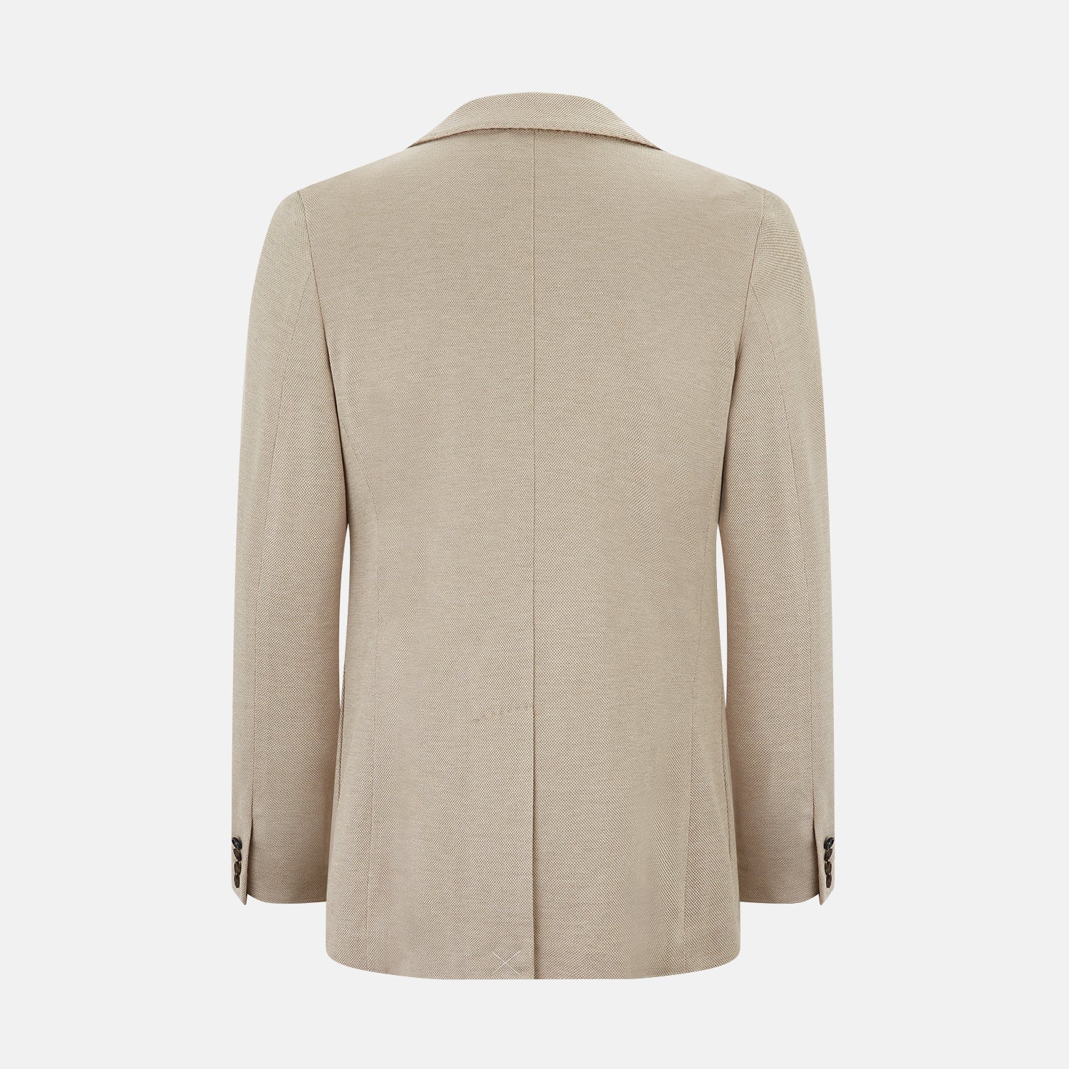 View 3 of product The Turnbull & Asser UK Sand Silk & Cotton Bath Blazer showcases Italian craftsmanship with notched lapels, two front buttons, large patch pockets, and a chest pocket, all set against a plain white background.