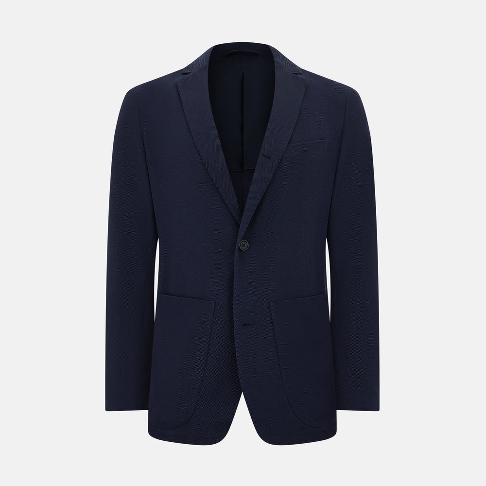 The Turnbull & Asser UK Navy Silk & Cotton Bath Blazer for men features notch lapels, two front pockets, a chest pocket, and a single-breasted button closure, crafted with refined Italian tailoring and shown on a white background.