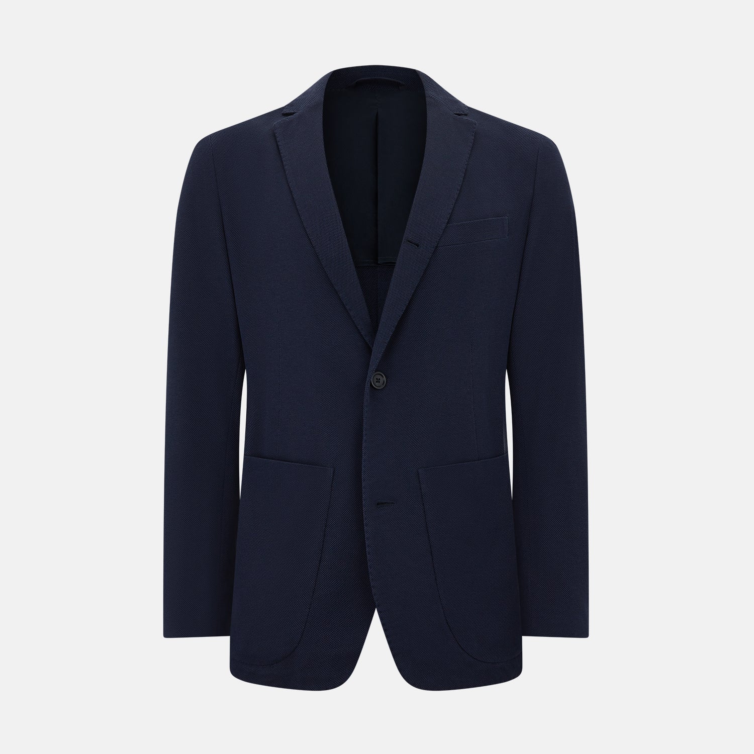 View 1 of product The Turnbull & Asser UK Navy Silk & Cotton Bath Blazer for men features notch lapels, two front pockets, a chest pocket, and a single-breasted button closure, crafted with refined Italian tailoring and shown on a white background.