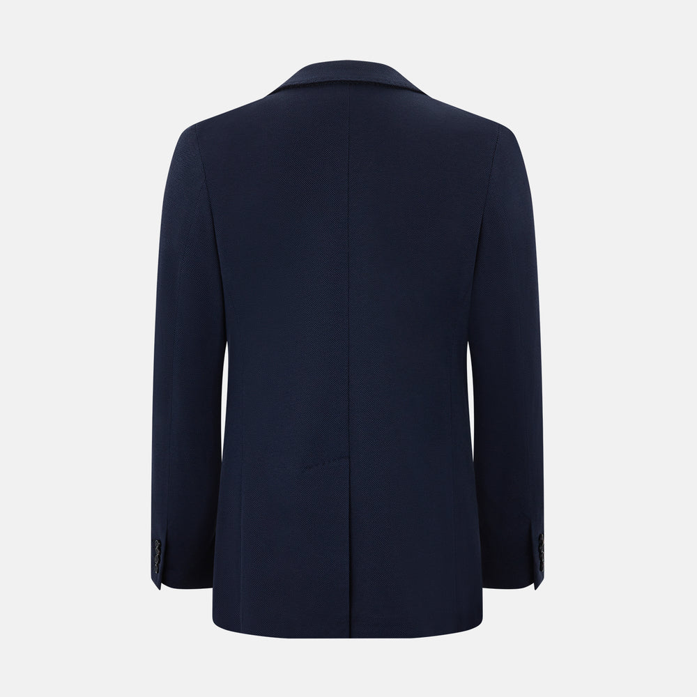 The Turnbull & Asser UK Navy Silk & Cotton Bath Blazer for men features notch lapels, two front pockets, a chest pocket, and a single-breasted button closure, crafted with refined Italian tailoring and shown on a white background.