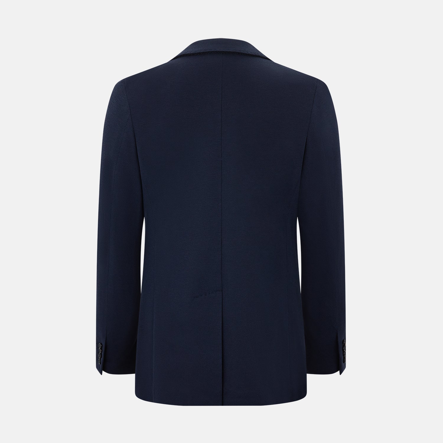 View 3 of product The Turnbull & Asser UK Navy Silk & Cotton Bath Blazer for men features notch lapels, two front pockets, a chest pocket, and a single-breasted button closure, crafted with refined Italian tailoring and shown on a white background.