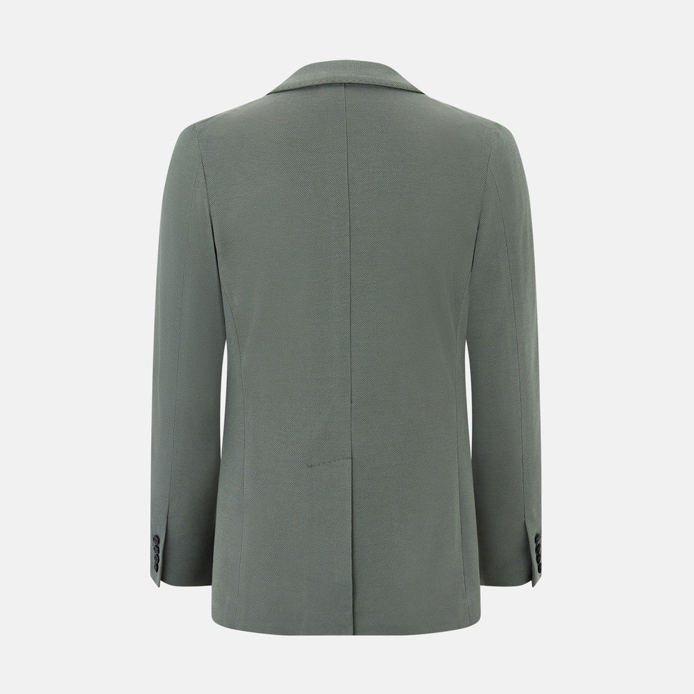 The Turnbull & Asser UK Sage Silk & Cotton Bath Blazer is a single-breasted Italian-tailored piece in olive green, featuring notch lapels, two front patch pockets, a chest pocket, and two buttons, shown on a plain white background.