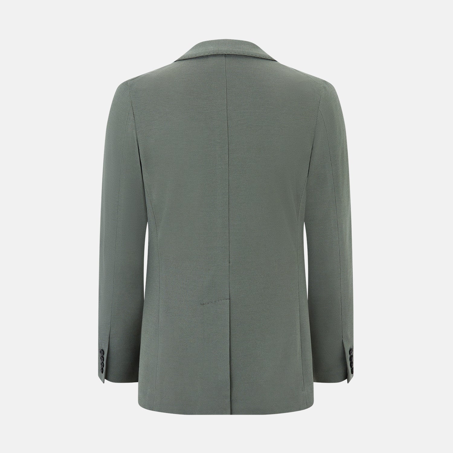 View 3 of product The Turnbull & Asser UK Sage Silk & Cotton Bath Blazer is a single-breasted Italian-tailored piece in olive green, featuring notch lapels, two front patch pockets, a chest pocket, and two buttons, shown on a plain white background.