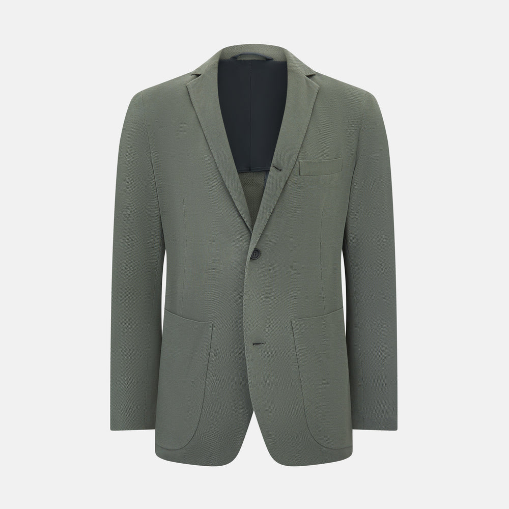 The Turnbull & Asser UK Sage Silk & Cotton Bath Blazer is a single-breasted Italian-tailored piece in olive green, featuring notch lapels, two front patch pockets, a chest pocket, and two buttons, shown on a plain white background.