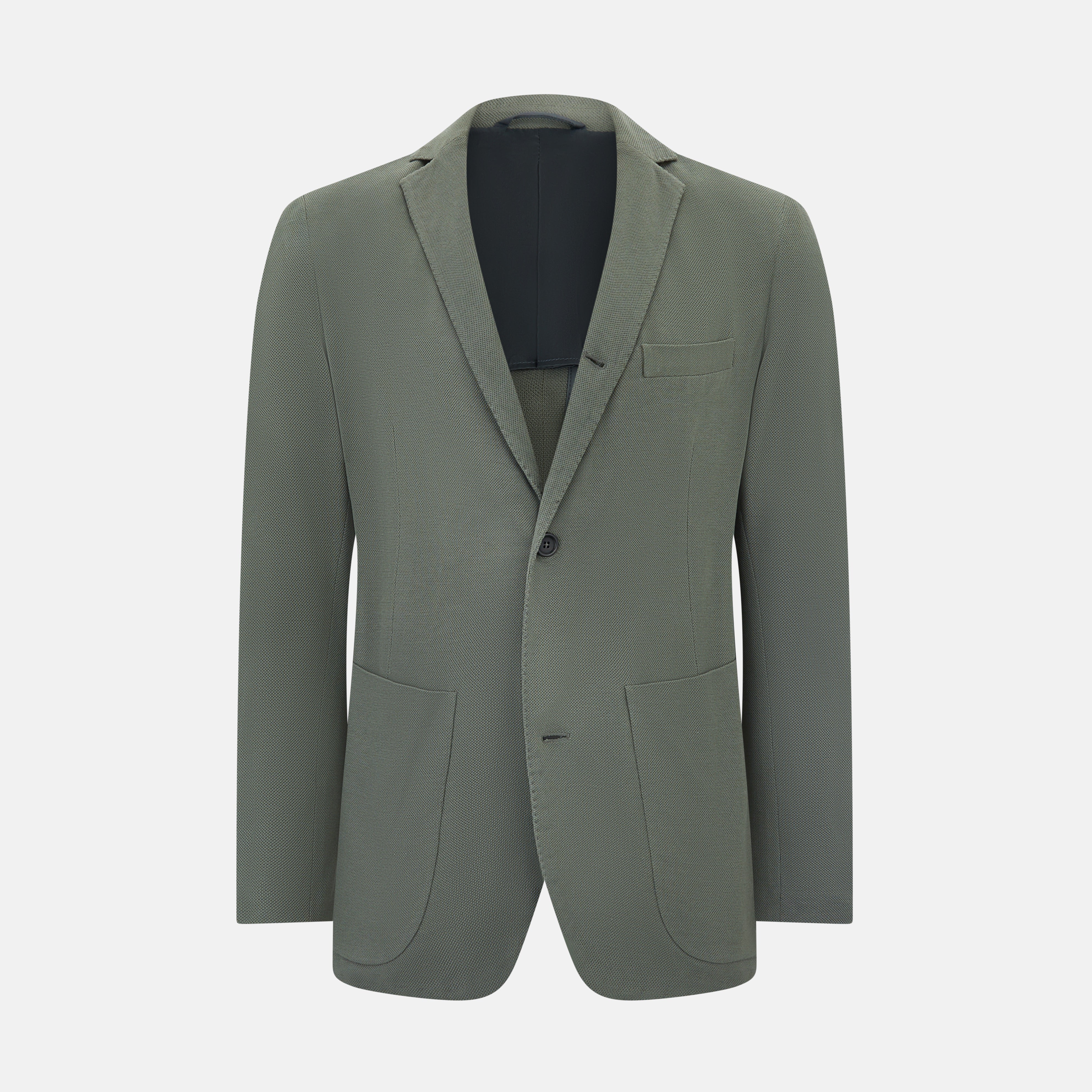 View 1 of product The Turnbull & Asser UK Sage Silk & Cotton Bath Blazer is a single-breasted Italian-tailored piece in olive green, featuring notch lapels, two front patch pockets, a chest pocket, and two buttons, shown on a plain white background.