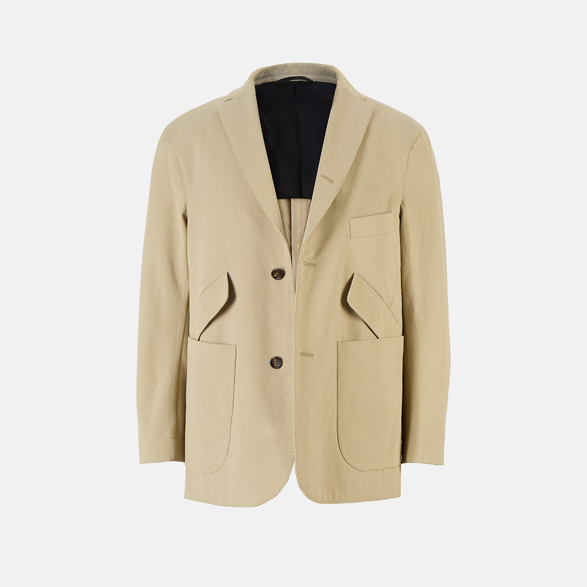 View 1 of product Riviera Sand Oversized Blazer in Cotton by Turnbull & Asser UK, featuring two spacious front pockets, a single chest pocket, and a classic notched lapel. Expertly tailored from premium cotton-nylon stretch fabric, this blazer is shown front-facing against a clean white background—an essential piece for achieving effortless sophistication.