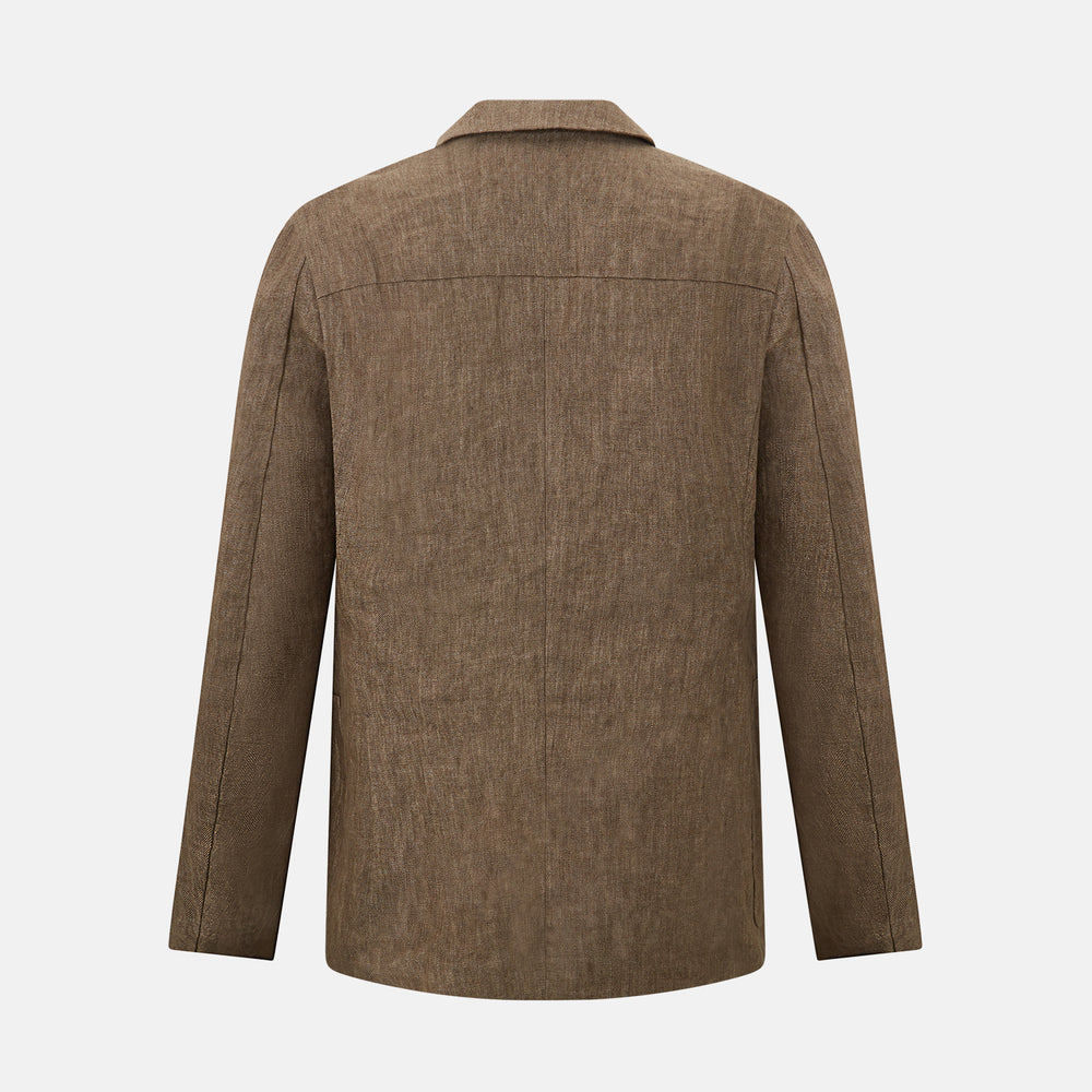 The Henley Pinecone Blazer in Linen by Turnbull & Asser UK features a brown double-breasted design with six black buttons, notch lapels, and three front pockets—ideal for effortless British summer dressing—shown against a plain white background.