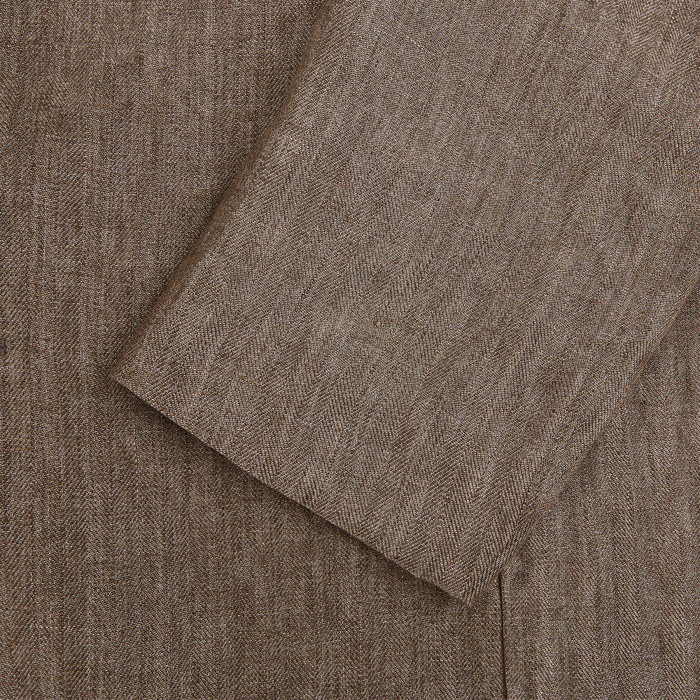 The Henley Pinecone Blazer in Linen by Turnbull & Asser UK features a brown double-breasted design with six black buttons, notch lapels, and three front pockets—ideal for effortless British summer dressing—shown against a plain white background.