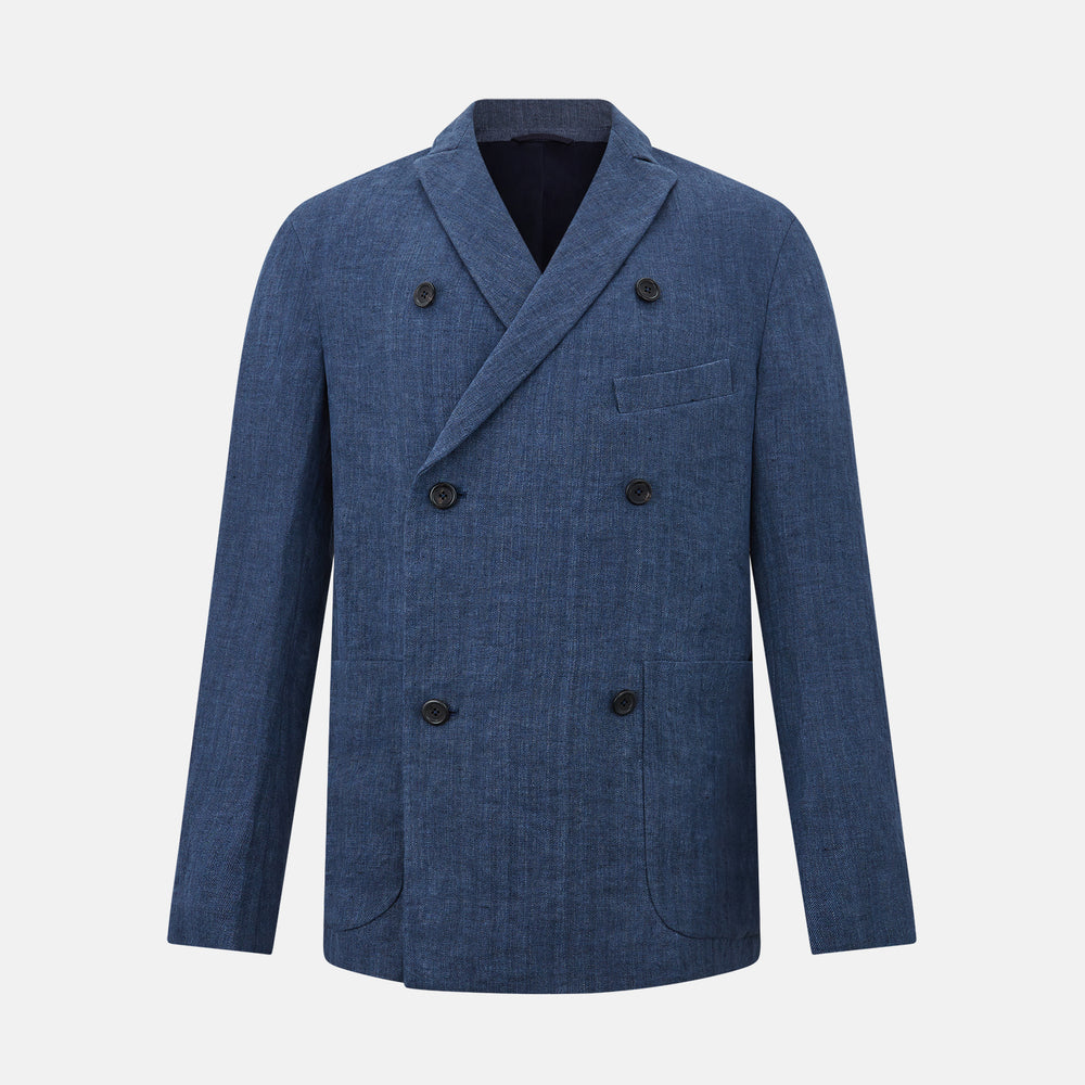 The Henley Denim Blazer in Linen by Turnbull & Asser UK features a double-breasted design with six black buttons, notch lapels, two front pockets, and a chest pocket—a timeless staple for effortless British summer dressing—displayed on a plain white background.