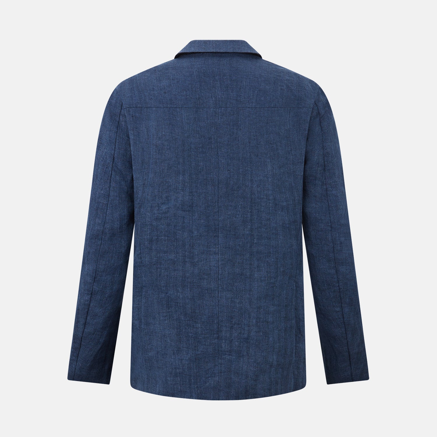 View 3 of product The Henley Denim Blazer in Linen by Turnbull & Asser UK features a double-breasted design with six black buttons, notch lapels, two front pockets, and a chest pocket—a timeless staple for effortless British summer dressing—displayed on a plain white background.