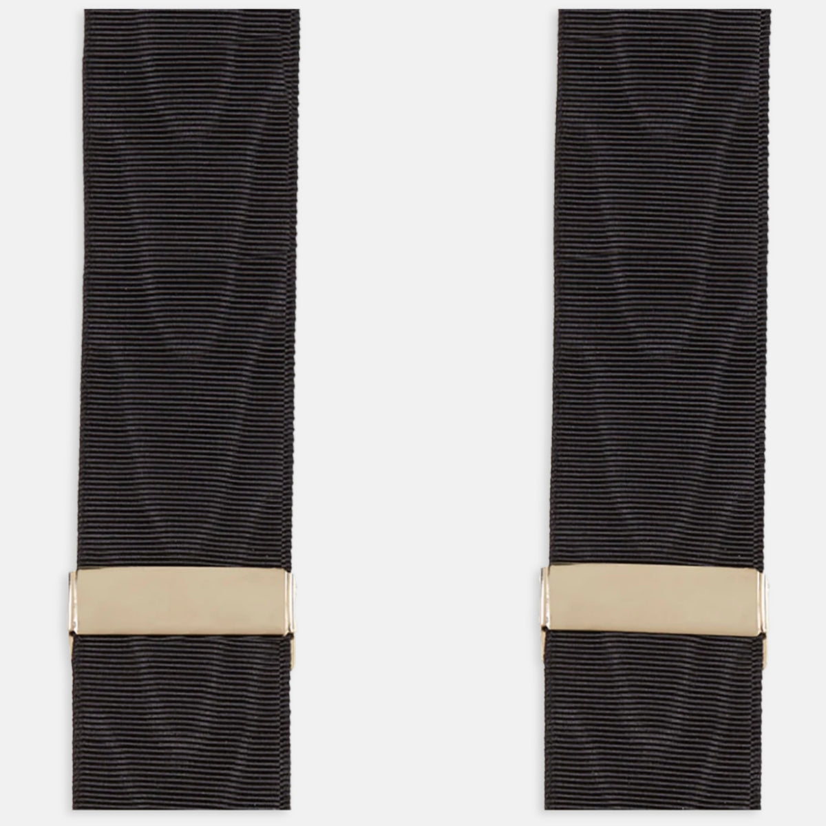 View 3 of product A pair of Turnbull & Asser Casino Royale Black Braces As Seen On Le Chiffre, featuring black moiré fabric, leather loops, and gold-tone adjusters, handmade in England and showcased against a white background.