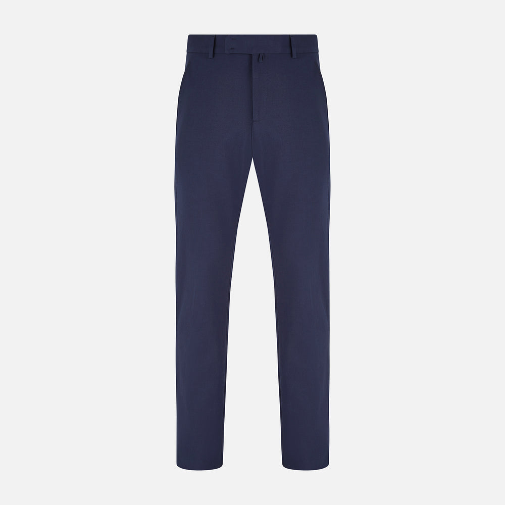 The Navy Blue James Trouser by Turnbull & Asser features a tailored straight-leg cut, flat front, belt loops, and button closure, shown on a plain white background for an elegant and versatile look.